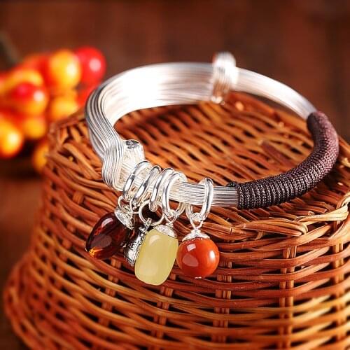 S925 Sterling Silver Jewelry Handmade Ladies Ethnic Style Push-pull Silver Wire Bracelet Amber