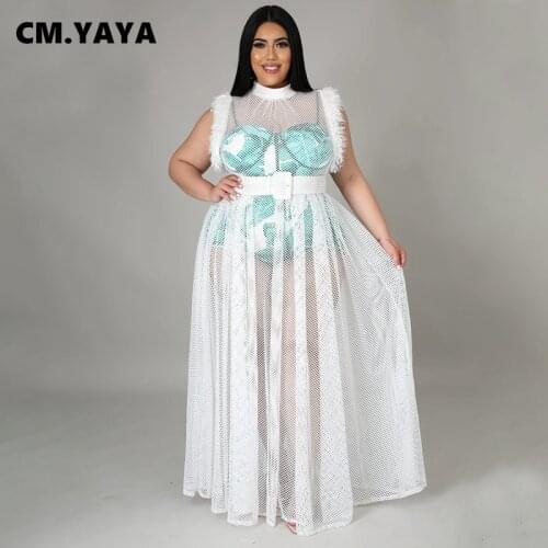 CM.YAYA Women Plus Size Set Print Strap Playsuit Mesh See-through Sleeveless Long Dress Two 2 Piece Sets Sexy Streetwear Summer