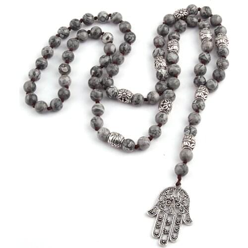Fashion Bohemian Tribal Jewelry 8mm Grey Natural Stone Knotted Stone Fatimas Hand Charm Pendant Necklaces Women Ethnic Necklace