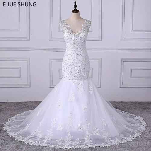 E JUE SHUNG White Lace Appliques Beaded Mermaid Wedding Dresses V-neck Full Beaded Wedding Gowns Bridal Dress vestidos de novia