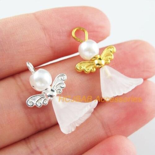 25Pcs Retro Gold Silver Plated White Acrylic Angel Charms Pendants 14x24mm