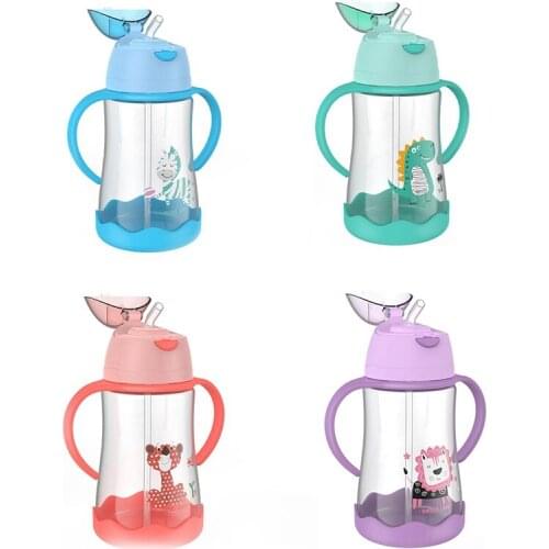 480ML Cute Baby Feeding Cup with Straw BPA Free Portable Feeding Bottle Leak Proof with Handle Kids Training PP Bottles