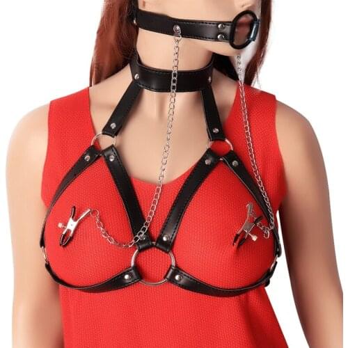 Women Sex Tools For Couples Faux Leather Choker Collar With Nipple Breast Clamp Clip Chain Erotic BDSM Bra Harness Chest Straps