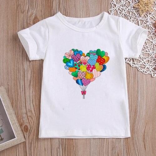 Kawaii Heart Balloon T-shirts for Girls Summer Kids Clothes Girls Tops White Short Sleeve Graphic T Shirts for Age 2-12T
