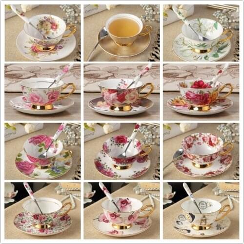 Flowers Painting Coffee Cups Mugs Ceramic Tea Cup and Saucer Spoon Set Advanced Porcelain Mug for Gifts