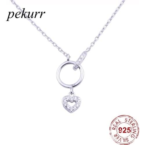 Pekurr 925 Sterling Silver Round Circle Hoop Zircon Heart Necklaces For Women Long Chain Collar Pendants Fashion Jewelry