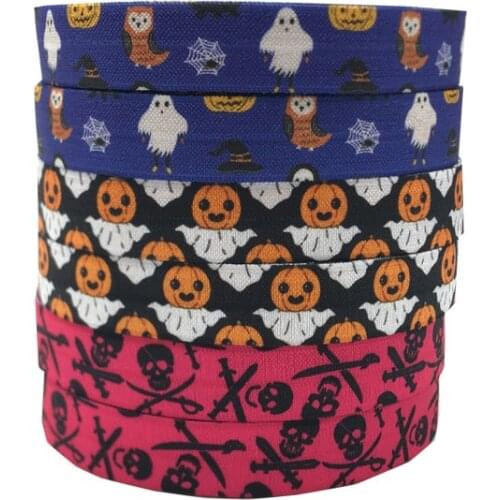 10Y 15mm Halloween Series Print Skinny Fold Over Elastic Spider Web FOE Ribbon Webbing For Headwear Hair Sewing Accessories