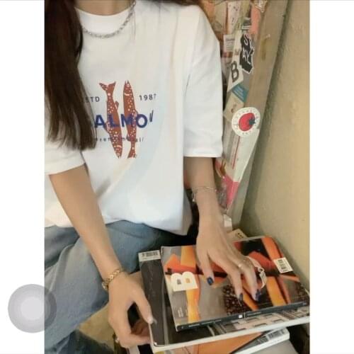 Summer college style cartoon print half-sleeved mid-length loose round neck T-shirt simple and versatile casual women