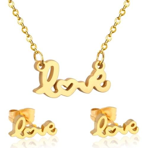 LUXUKISSKIDS Lovers Stainless Steel Gold Jewelry Sets Letter Wedding Necklaces Earring Dubai Jewellery Set For Women Girls