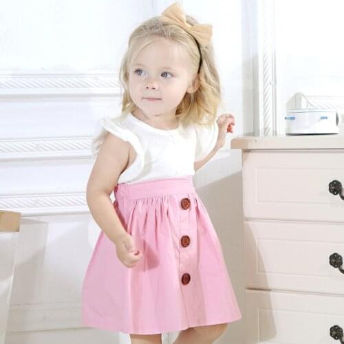 Fashion Toddler Baby Girls Clothes Set 2pcs Cotton Flare Sleeve White Top t shirt + A Line Pleated Skirt Baby Girl Summer Sets