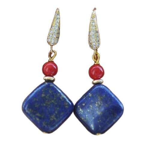 MTC·STAR Z10224 16mm Natural Square blue lapis lazuli Red Coral Dangle Earring CZ