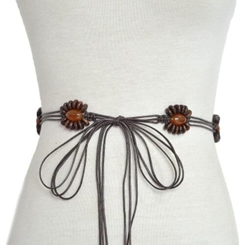 New Womens Belt Ethnic Style Slim Braided Decorative Fashion Self-Tie Dress Waistband with Brown Beads for Girls