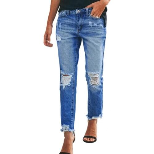 Jeans Popular Solid Color Distressed Trousers Summer Ripped Jeans Mid Waist for School