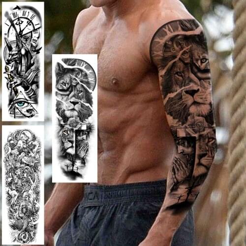 Realistic Lion Cross Full Arm Tattoo Sticker For Men Women Adult Compass Wolf Angel Tattoos Temporary Sleeve Creative Fake Tatoo