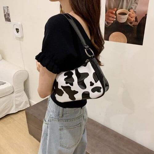 Stylish Classic 90s Cow Pattern Clutch Purse Shoulder Bag Tote Baguette Handbag with Zipper Closure for Women