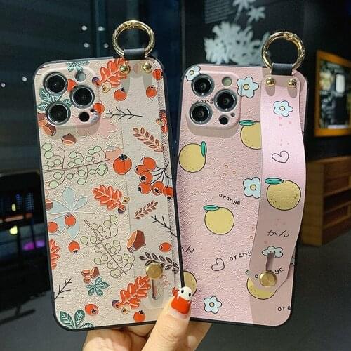 Sumkeymi Cute Fruit Flower Soft TPU Silicone Wrist Strap Phone Holder Case For iphone 12 11 7 8 Plus mini Pro Max X XS XR
