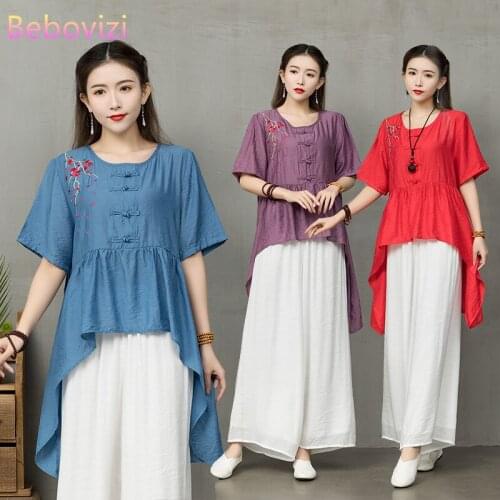 Embroidery Green Blue Pink Red Yellow Orange Summer Han Fu Traditional Chinese Clothing Sets for Women Hanfu Tops Blouse + Pants