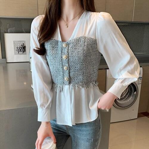 Plus size Solid White Long Sleeve Shirt Fashion Office Tops Korean Style Spliced Chiffon Women Blouse V-neck Feminina shirt 689G