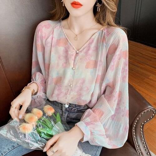 Autumn Women Fashion Temperament Lantern Sleeve Chiffon Shirt Aesthetic V-Neck Loose All-Match Blouses Ladies Blusas MM1144