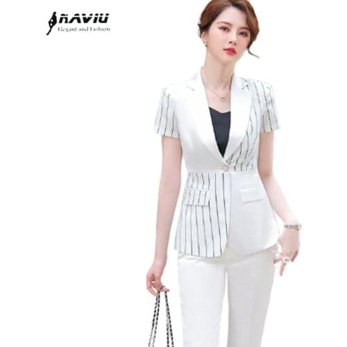 Black White Stripe Suits Women 2021 New Summer Temperament High End Business Slim Blazer And Pants Office Ladies Work Wear