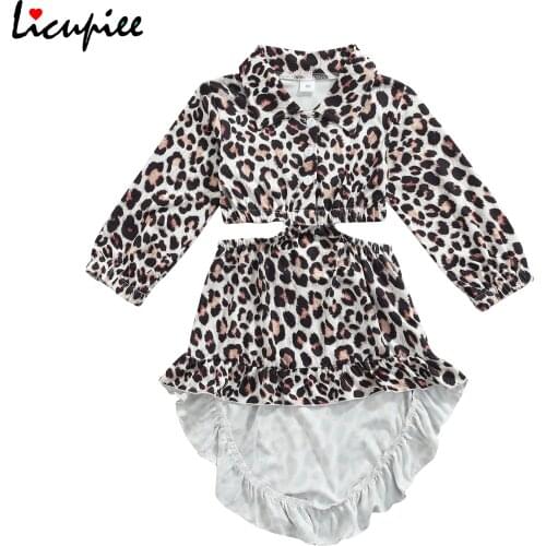 1-6 Years Casual Girl Dresses Kids Dress Leopard Print Turn-down Collar Long Sleeve Hollow Out 1-piece for Girls Brown