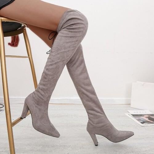Women Boots Plus Size Winter Sexy Over The Knee Long Boots Lace Up Comfortable Square High Heels Pointed Shoes Женские сапоги