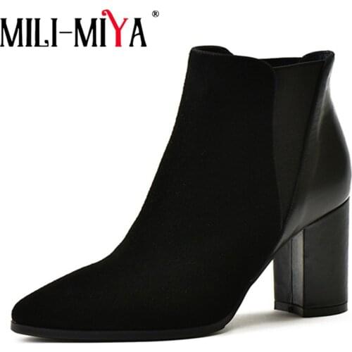 MILI-MIYA Mature Sexy Patchwork Genuine Leather Suede Ankle Boots Winter Pointed Toe Thick High Heels Woman Slip On Footwear