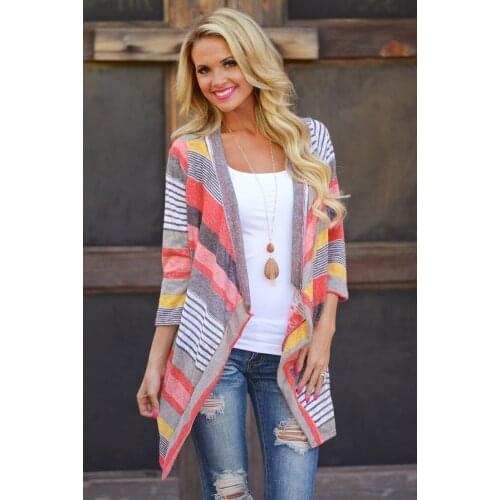 Obrix Summer Striped Light Female Casual Cardigan Long Sleeve Without Closure