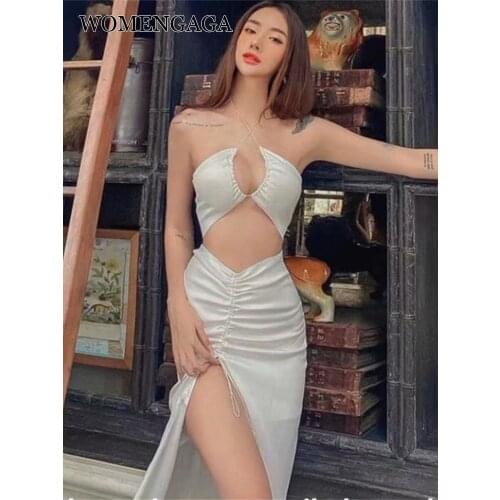 WOMENGAGA Fashion Brand Goddess Short High Waist Drawstring Split Fishtail Fashion Long Tank Dress Dresses Backless Top H8QU