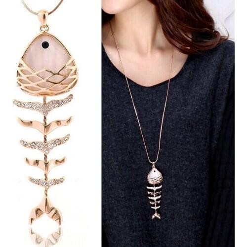 Starbeauty Lovely Fish Bone Opal Necklace Woman Austria Crystal Long Neckless Women Cats Eye Stone Pendant Necklaces Jewelry