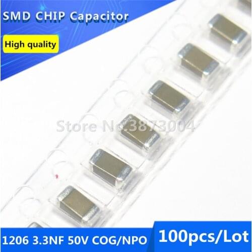 100pcs 1206 3.3NF 50V COG/NPO 5% Thick Film Chip Multilayer Ceramic Capacitor