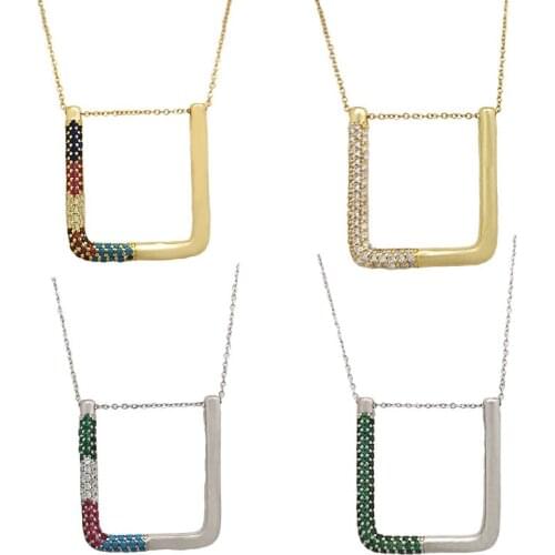 65cm U Pendant Necklace Women Choker Gold Chain Rainbow Cubic Zirconia Paved Geometric Luxury Jewelry Necklaces Anniversary