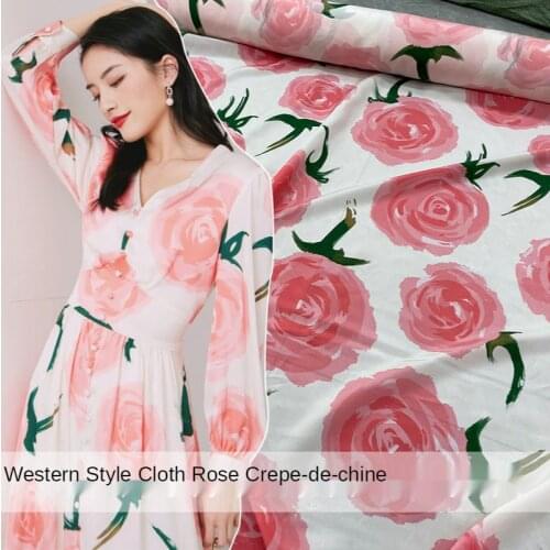 Big Rose Brand Polyester Pink Black Crepe de Chine Printed Womens Fabric Cloth for Dress Shirts High-end Custom Sewing Material