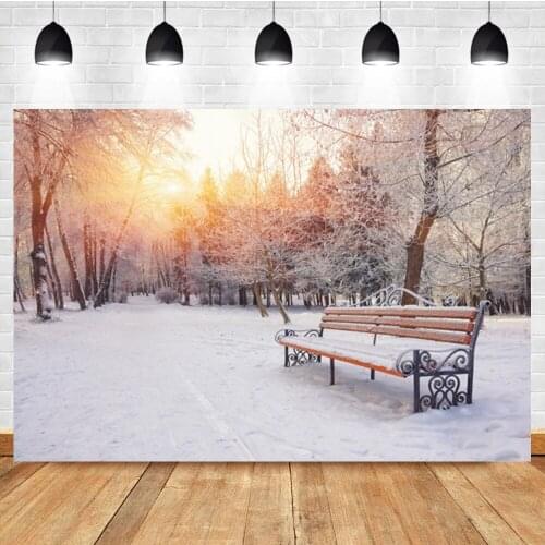 Laeacco Christmas Winter Park Forest Sunrise Bench Snow Scene Photographic Backdrop Photo Photography Background For Photo Studi