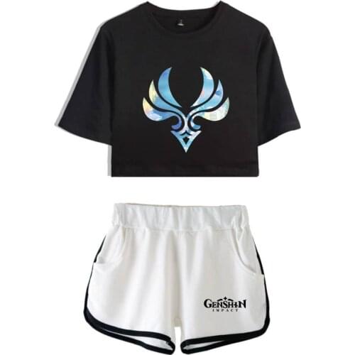 Trendy Cool Game genshin impact Dew navel Sport Girls Short Sleeve tracksuit Girls Sexy Two Pieces sets T-shirts shorts Pants