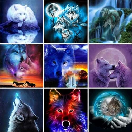 Huacan Square/round Diy Diamond Painting Wolf Animal Diamond Art Embroidery Mosaic Fantasy Moon Wall Stickers