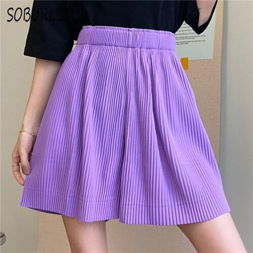 Women Short Pants Summer New Korean High Waist Wide Leg Pants Pocket Elastic Waist Loose Casual Pant Folds Black Blue Thin Pants