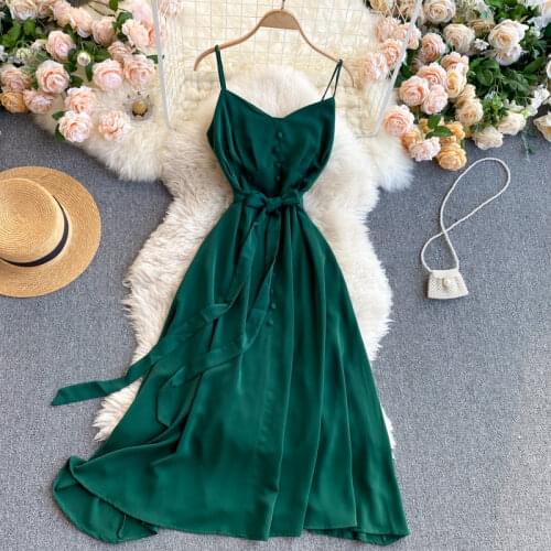 Summer Womens Dress French Style Retro Solid Color V-neck Sling Dress New Waist Strap Female Big Swing Dress HH534