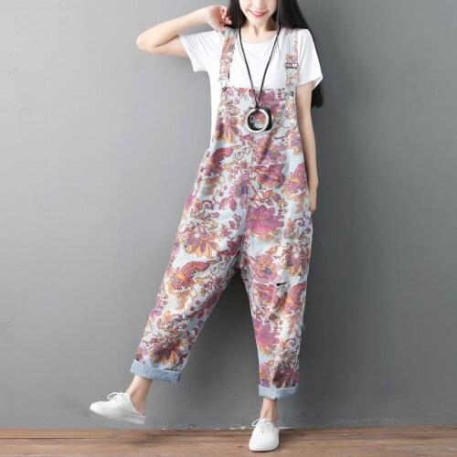 Sweet vintage washed romper plus size loose low crotch women jumpsuit printed wide leg Harem pants elegant fresh women clothes