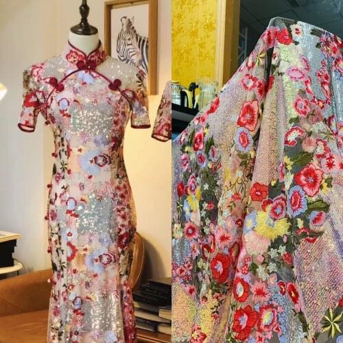 Multicolor sequins heavy mesh embroidery lace fabric for dress