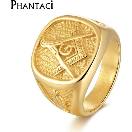 Hot Masonic Punk 316L Stainless Steel Gold Color Men Ring Free Mason Freemasonry Retro Man Ring Male Jewelry