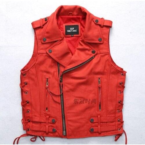 2016 mens fashion genuine leather vest red adjustable waist slim fit sleeveless leather jacket men motorcycle vest male S-XXXL