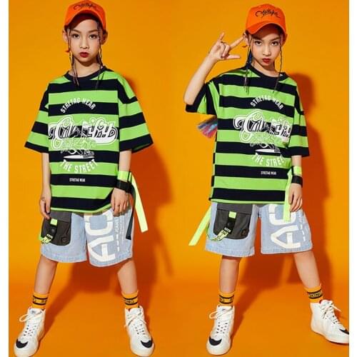 Kids Competitions Hip Hop Clothing Stripe Tshirt Tops Stage wear Cargo Shorts For Girls Boys Jazz Dance Wear Costumes Clothes