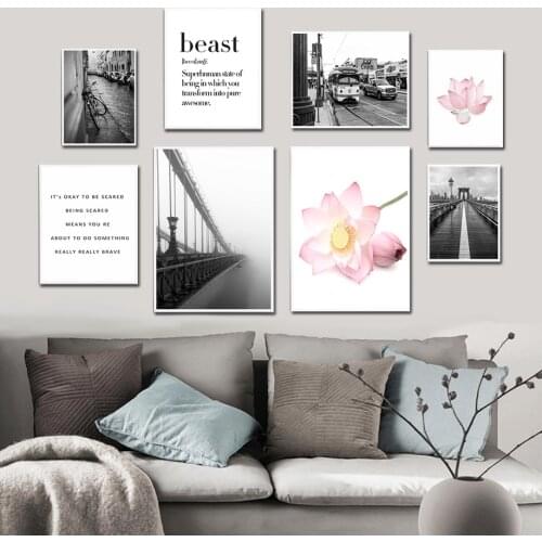 Retro Nordic Posters And Prints Brooklyn Bridge Street Lotus Quote Wall Art Canvas Painting Wall Pictures For Living Room Decor