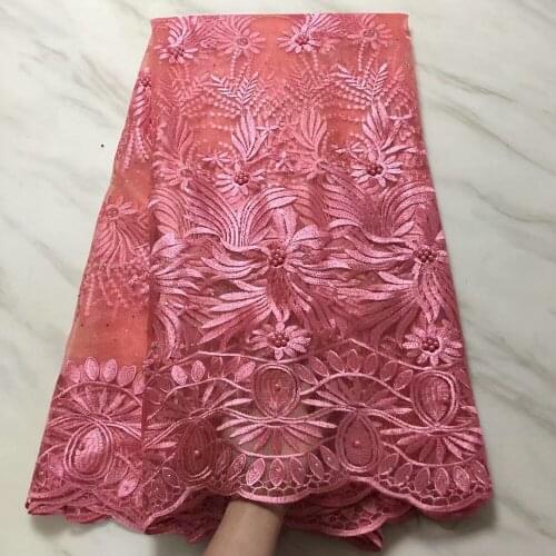 Gauze Sheer Cotton Embroidery African Fabric Hot Drill Rhinestone Pearl Elegant Textile For Wedding Dress 1612C1