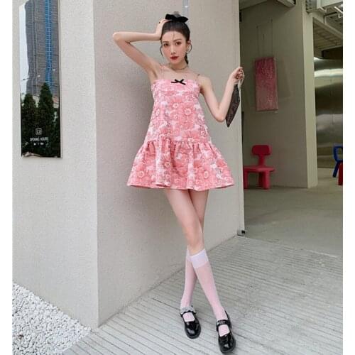 Sexy Sling Jacquard Womens Dress 2021 Summer New Cute Pink Girl Floral Bow Backless Mini Dress
