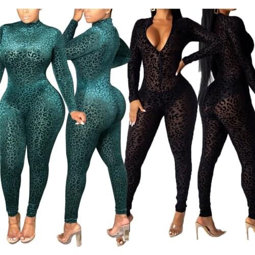Sexy Women See-Through Mesh Flocking Leopard Jumpsuit Lady Long Sleeve Front Zipper V-Neck Skinny One Piece Bodycon Club Romper