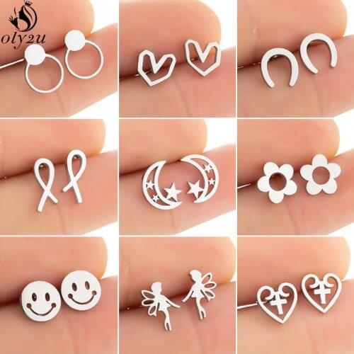 Tiny Stainless Steel Earrings for Women Kids Geometric Heart Round U Shaped Earings Korean Smile Face Studs 2021 Fashion Jewelry