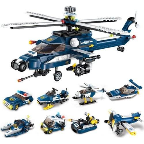 8 IN 1 Transform Changing Helicopter Fire Engine Millitary Tank Police Vehicle Building Models Boys DIY Toys Gift