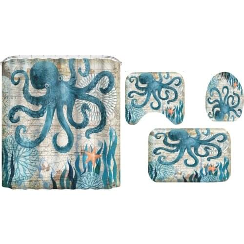 Mediterranean Style Shower Curtain Set Octopus Pattern Bathroom Bathtub Blackout Waterproof Polyester Screen with Hook